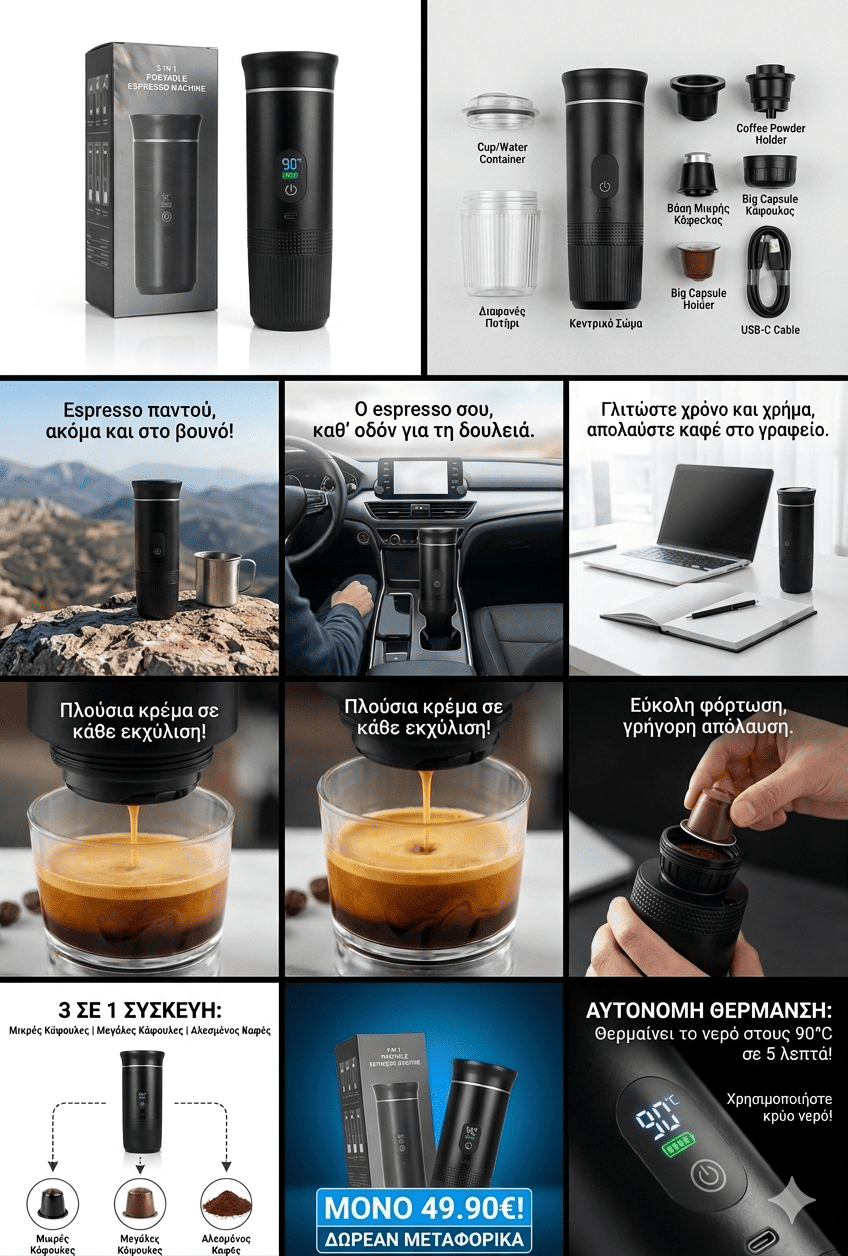 3 σε 1 Φορητή Μηχανή Espresso USB-C Συμβατή με Nespresso, Dolce Gusto & Αλεσμένο Καφέ Αυτοθερμαινόμενη 90°C - Εικόνα 4
