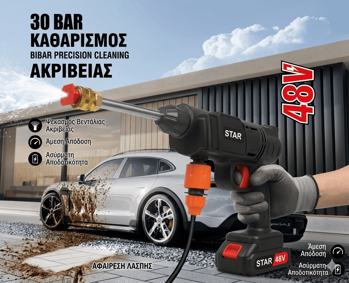 Πιεστικό Νερού Μπαταρίας 30BAR – Ισχυρό, Φορητό & Χωρίς Ρεύμα 220V