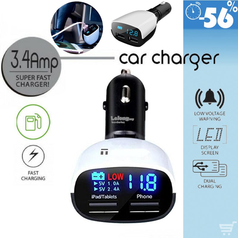 Φορτιστής Αναπτήρα Αυτοκινήτου LED 2x USB 3.4A με Βολτόμετρο